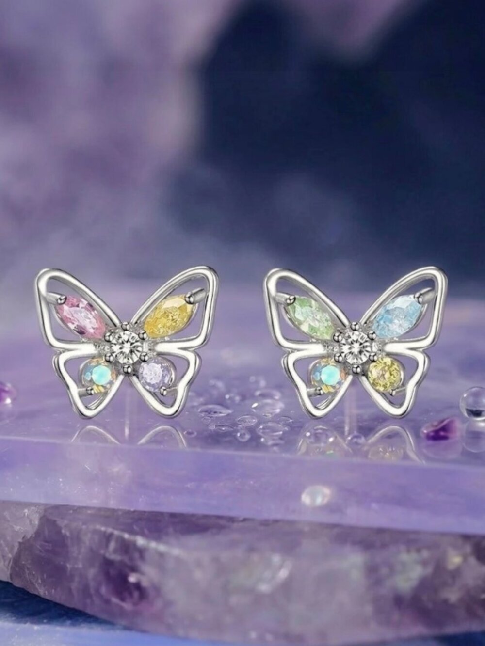 925 Sterling Silver Multicolor CZ Butterfly Stud Earrings Pastel 0.27"